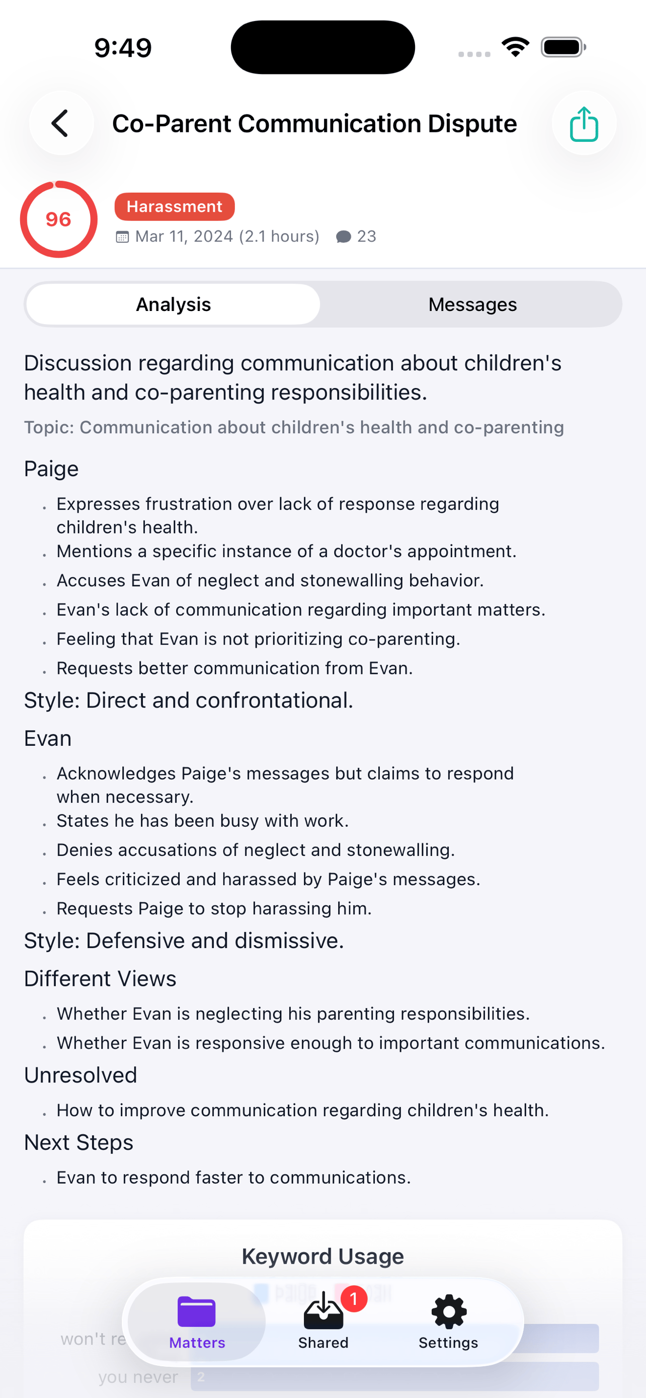 CustodyComms iOS — incident analysis for a co-parenting dispute