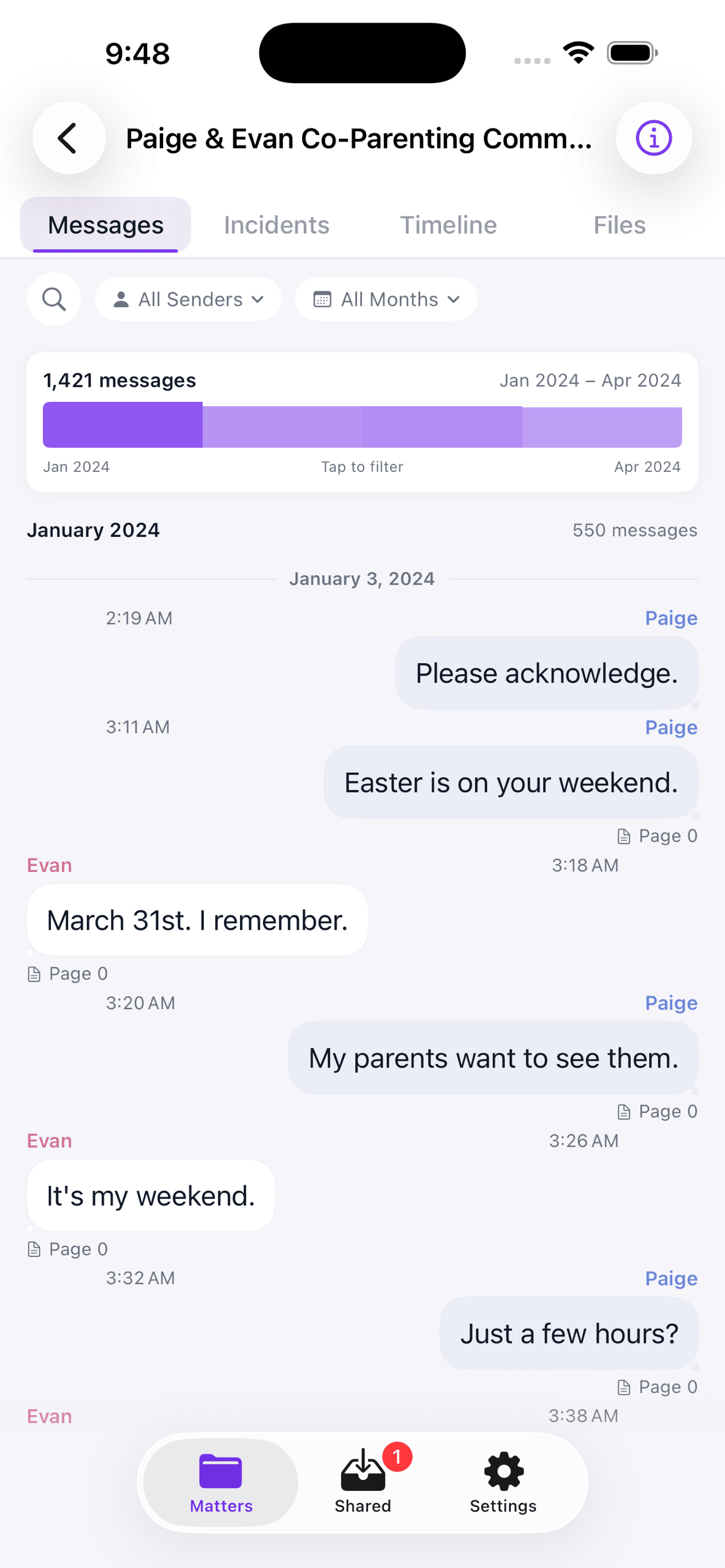 CustodyComms iOS — messages view with incident highlights