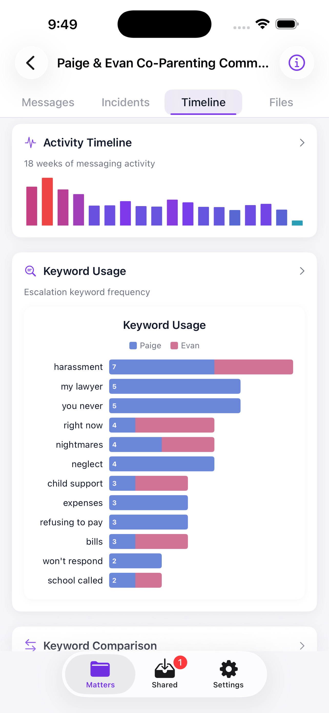 CustodyComms iOS — activity timeline and keyword usage