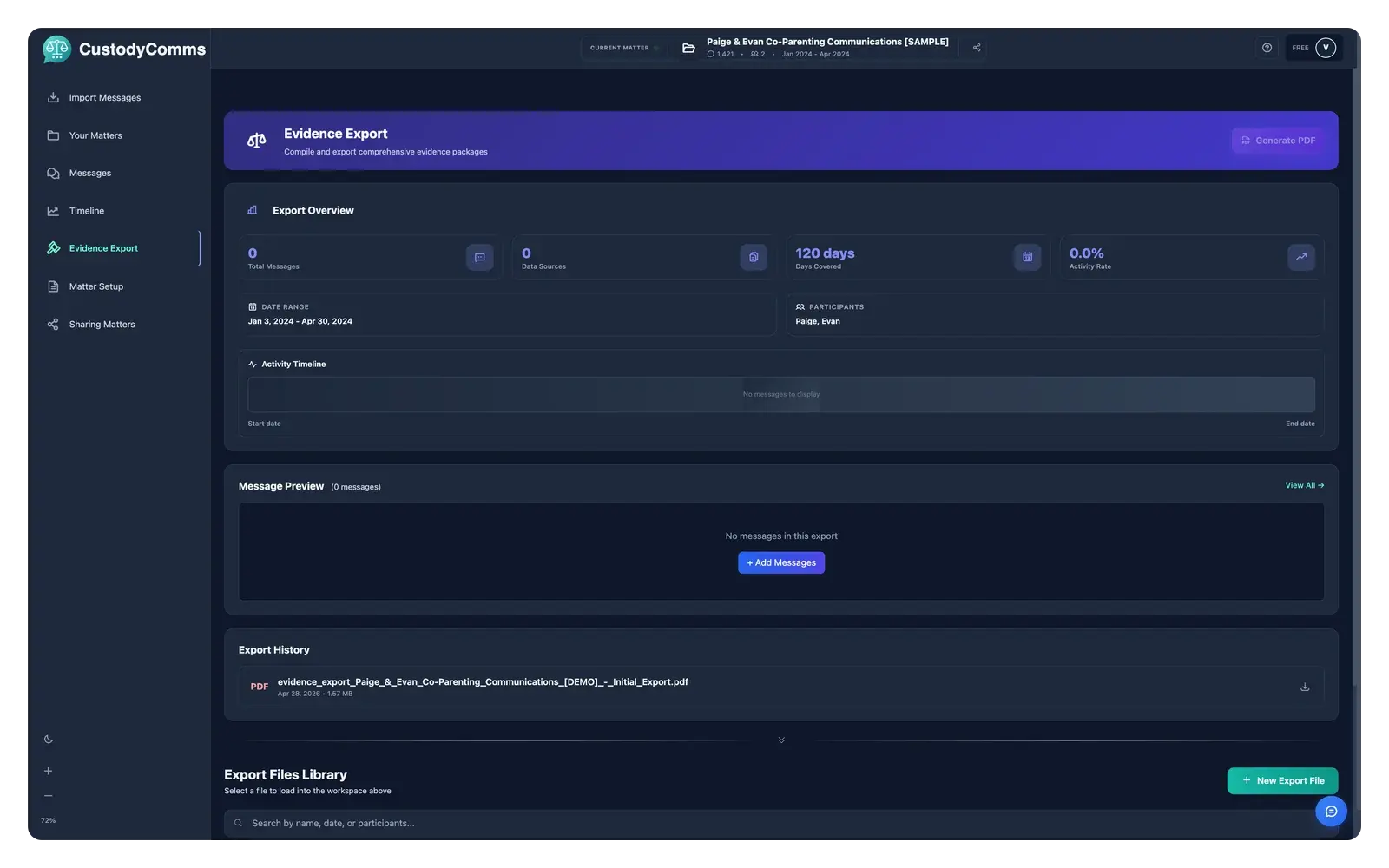 Evidence export dialog — illustrative