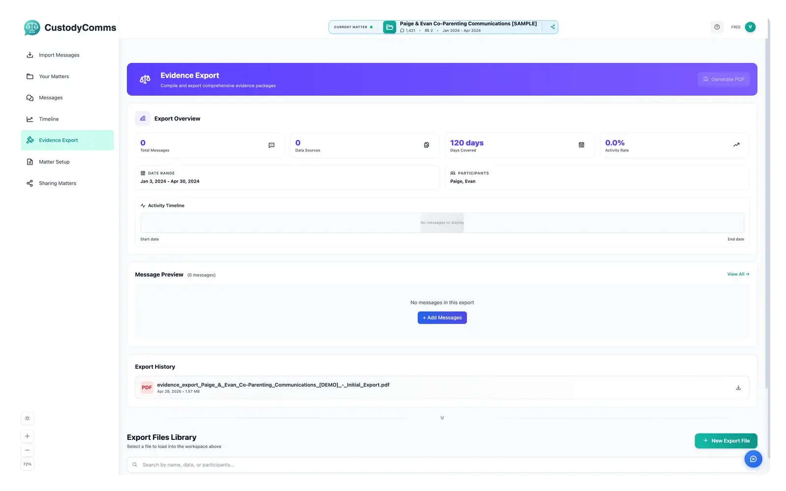 Evidence export dialog — illustrative