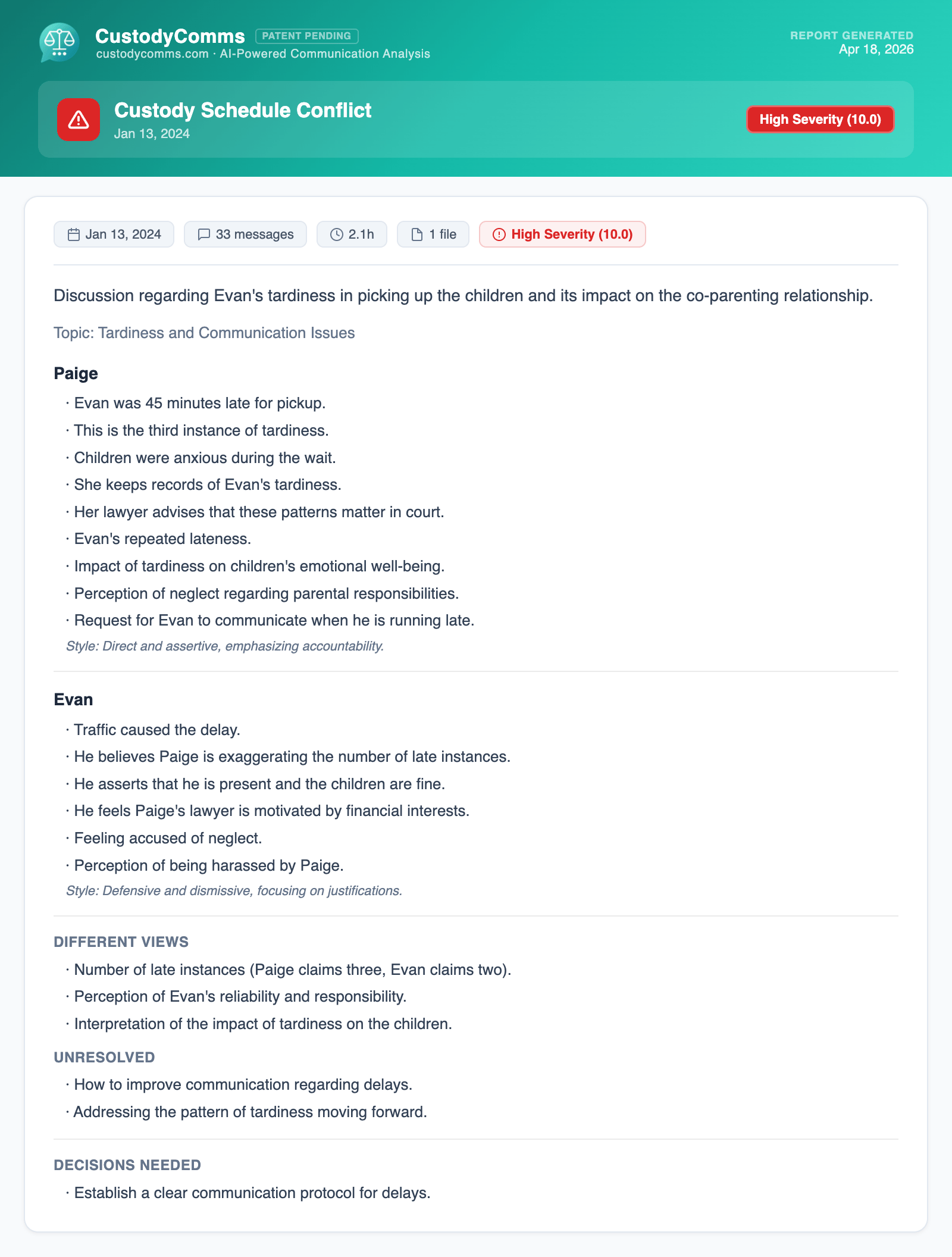 Sample incident report generated by CustodyComms — demo case, illustrative names and content